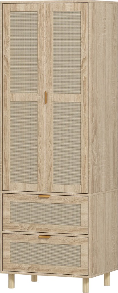 Guarda Roupa de Quarto com 2 Portas e 2 Gavetas, 63 x 47 x 185 cm, Design em Rotim, Madeira Natural