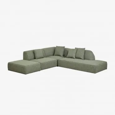 Sofá Modular De Canto Em 3 Peças Com Chaise Longue Direita E Puff Estofado Cardea Bouclé Verde Sálvia - Sklum
