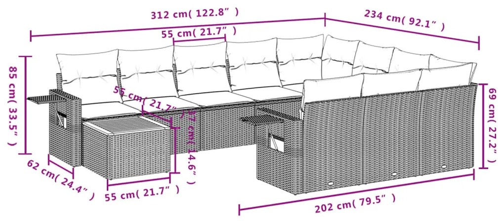 11 pcs conjunto sofás de jardim c/ almofadões vime PE cinzento