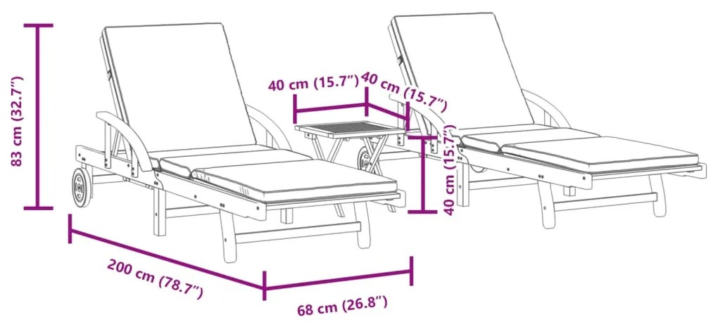 Espreguiçadeiras 2 pcs com mesa madeira de acácia maciça