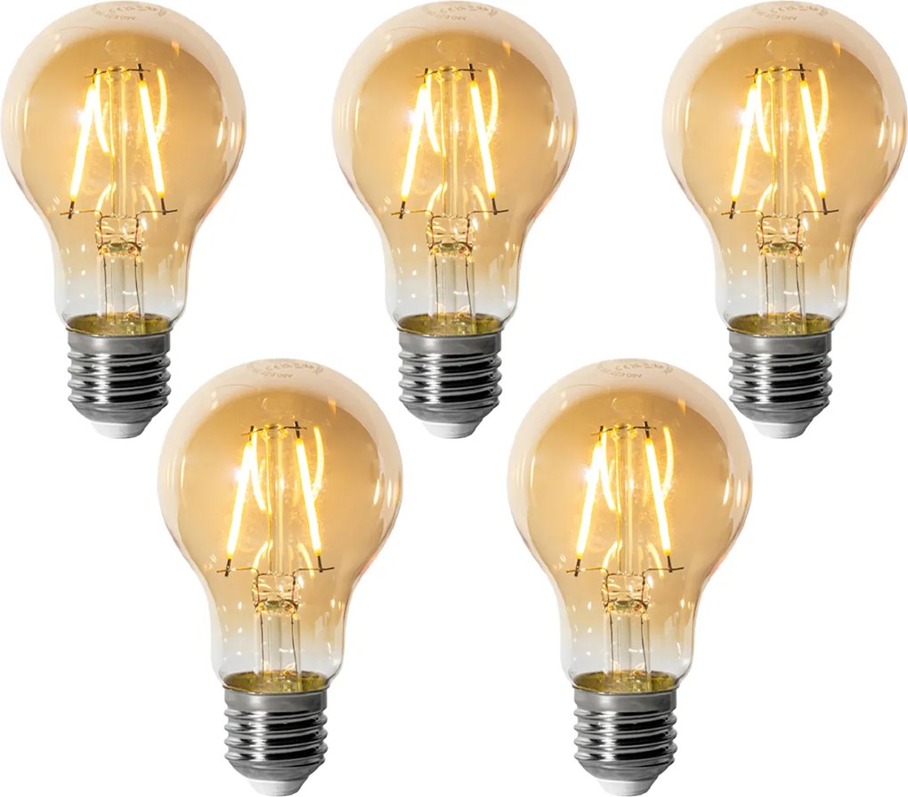 Conjunto de 5 lâmpadas LED E27 reguláveis A60 douradas 3W 310 lm 2200K