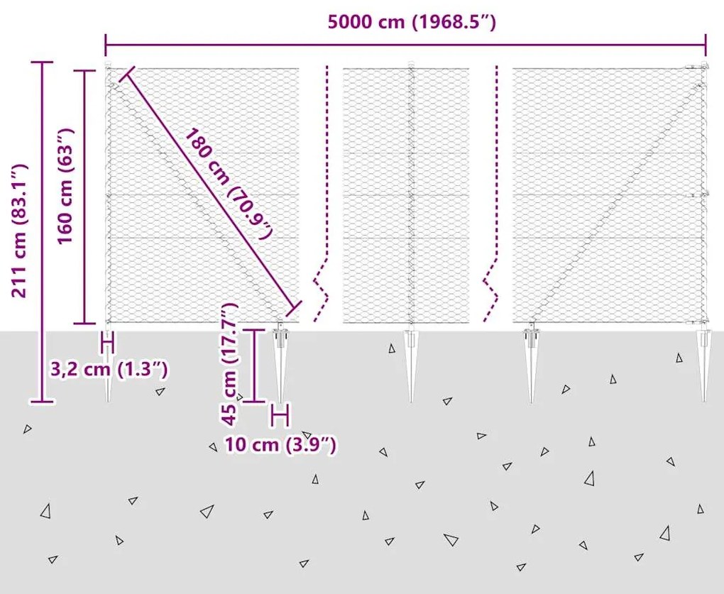 Cerca Hexagonal vidaXL Cinza 1,6x50 m Aço