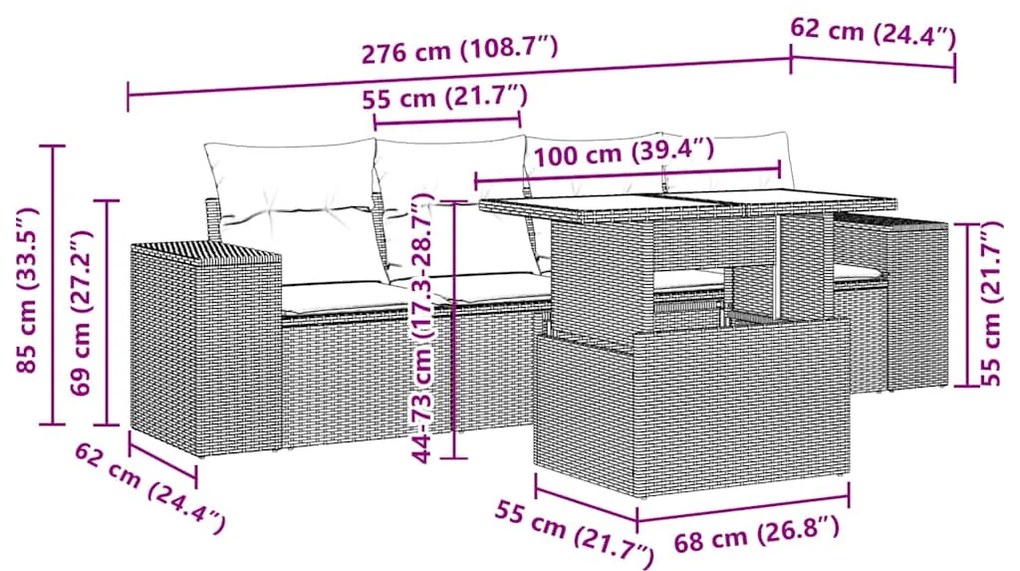 5 pcs conj. sofás jardim c/ almofadões vime PE cinzento-claro