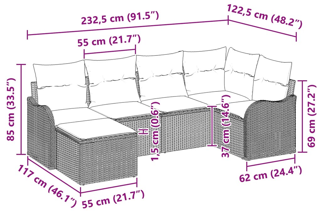 Conjunto de Sofá de Jardim vidaXL 6 Peças com Almofadas Castanho Vime