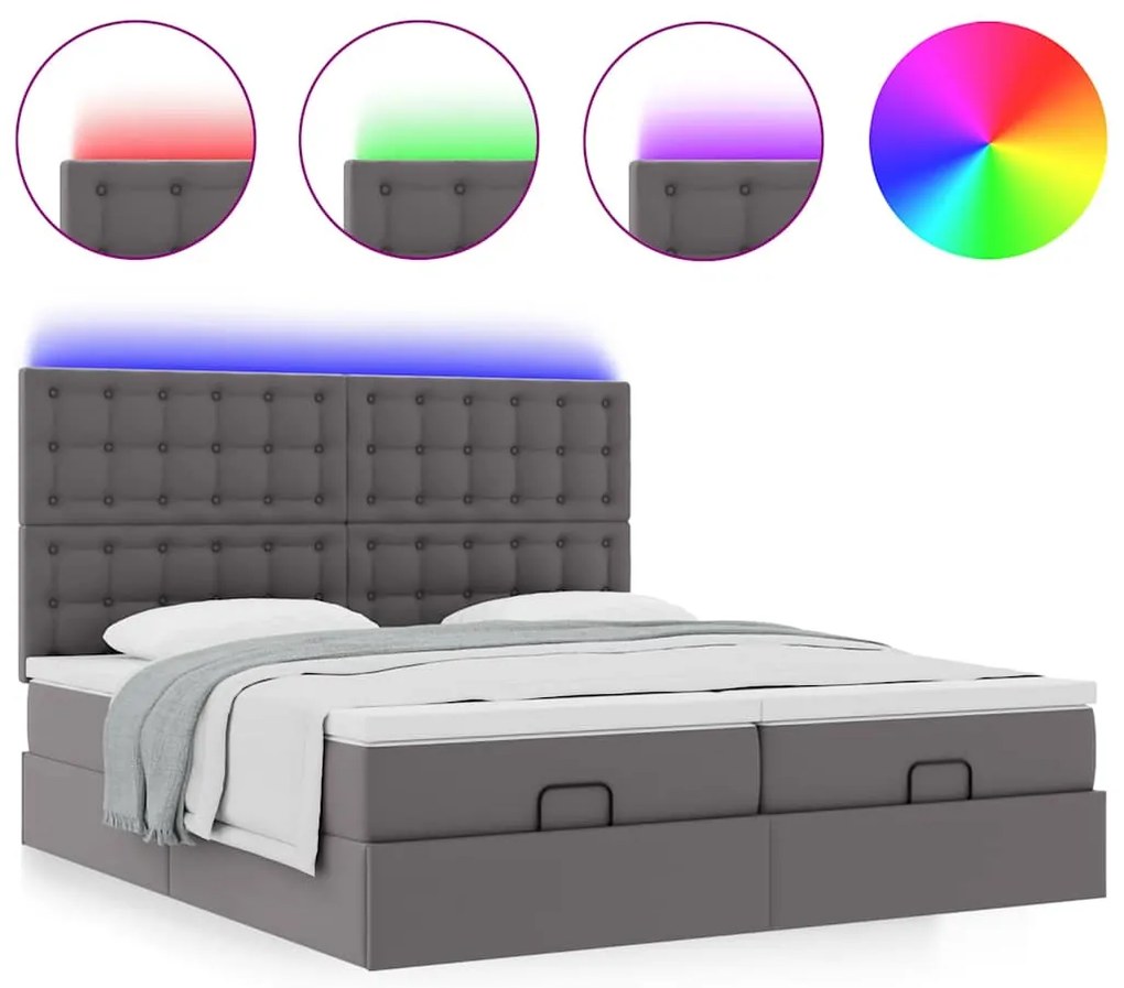 Estrutura de cama otomana com colchão cinza couro falso