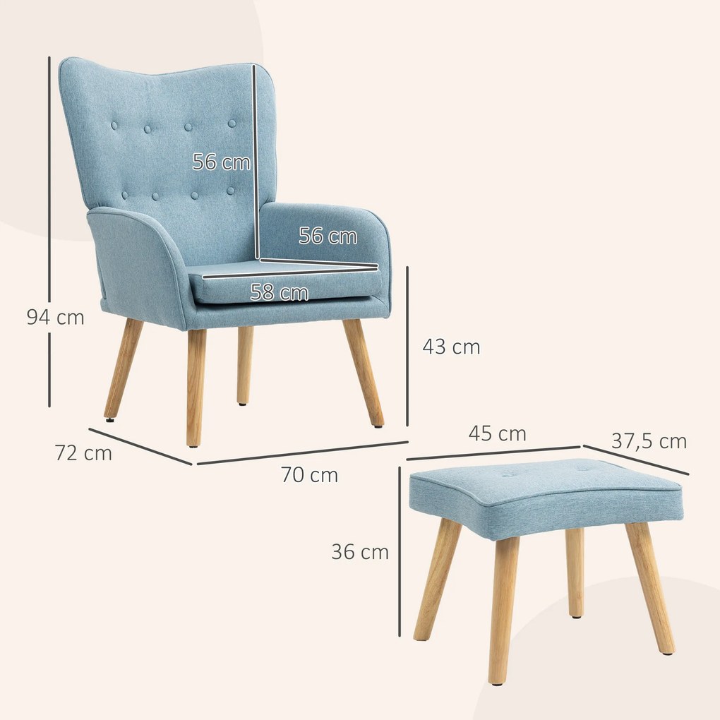 Poltrona com Apoio para Pés Poltrona de Leitura com Capitonê Pés de Madeira e Revestimento em Linho 70x72x94 cm Azul Claro