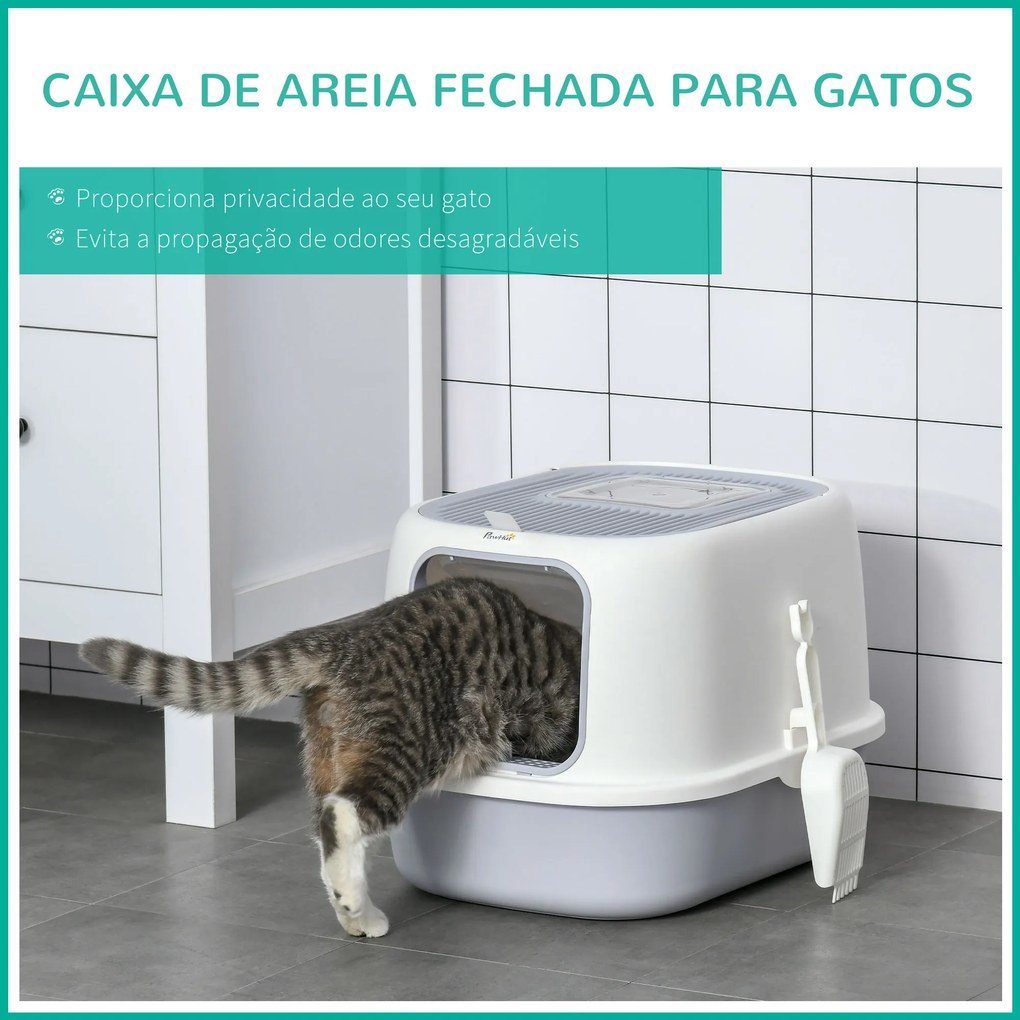 PawHut Caixa de Areia para Gatos Caixa de Areia Fechada com Entrada Dianteira Saída Superior Bandeja Removível e Pá 40x53,5x37,5cm Cinza e Bege