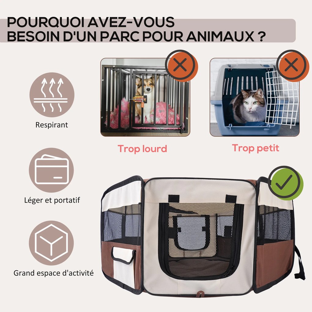 Parque dobrável para cães, gatos e pequenos animais, octogonal, em tecido Oxford e aço, Ø 90 x 41 cm (altura), castanho-bege