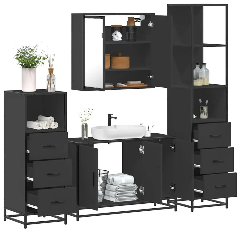 vidaXL 4 pcs conjunto móveis casa de banho derivados de madeira preto