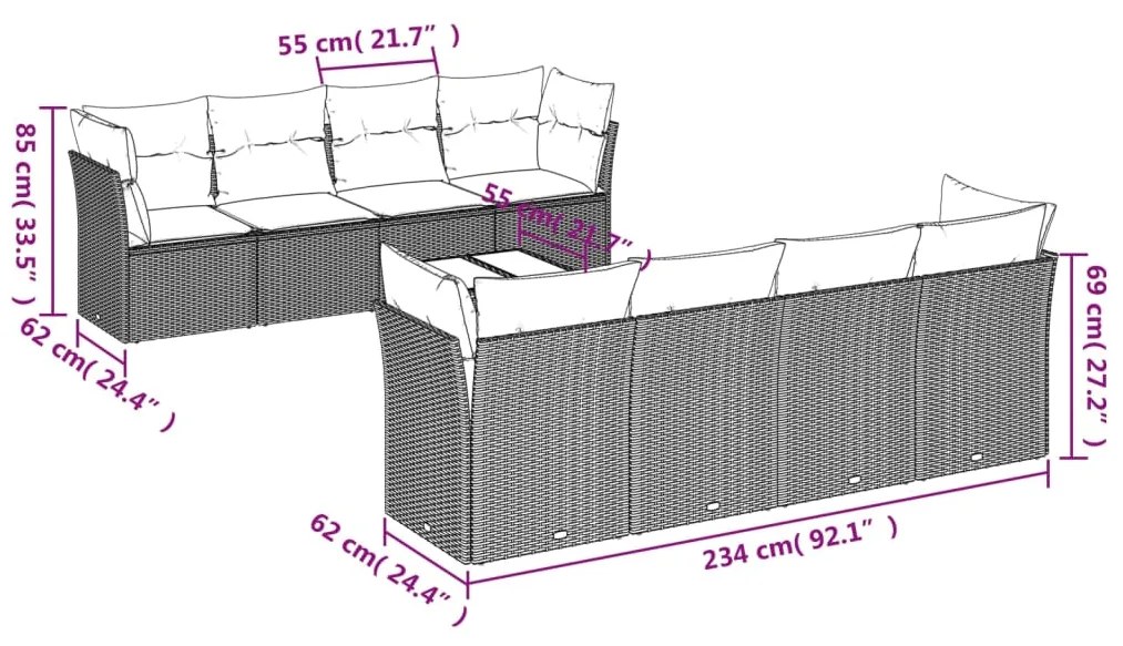 9 pcs conj. sofás jardim com almofadões vime PE cinzento-claro