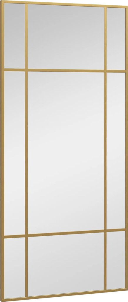 Espelho de parede retangular em estilo janela, na orientação horizontal ou vertical, com 4 ganchos, 110 x 50 cm em metal dourado