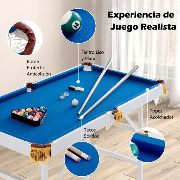 Mesa de Bilhar Portátil com Pernas Dobráveis e 16 Bolas, 2 Tacos, 2 Giz, Escova e Triângulo para Crianças e Adultos, 122 x 64 x 78 cm, Azul