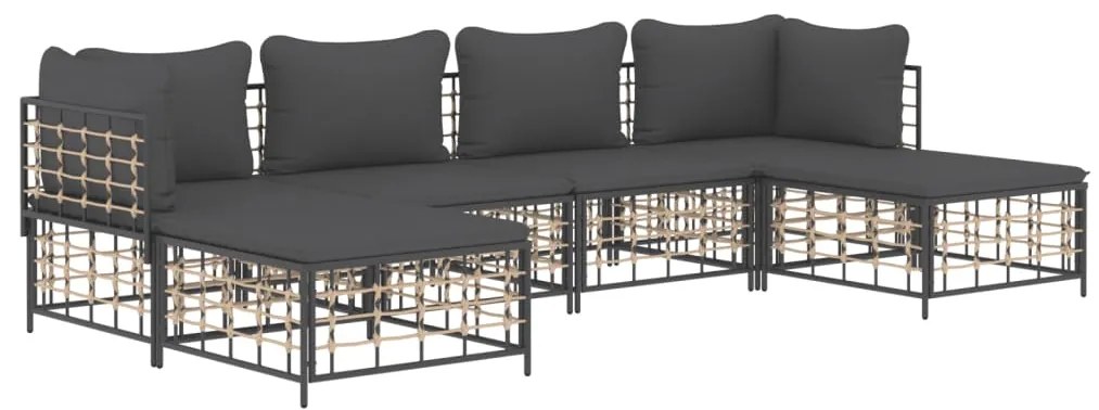 6 pcs conjunto lounge de jardim c/ almofadões vime PE antracite