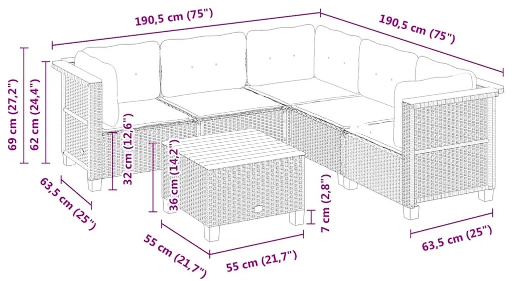 6 pcs conjunto de sofás p/ jardim com almofadões vime PE bege