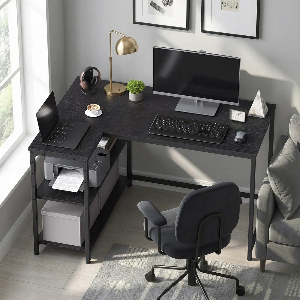 Secretária com espaço de arrumação, em L 110 x 80 x 76 cm, prateleira ajustável em altura Preto