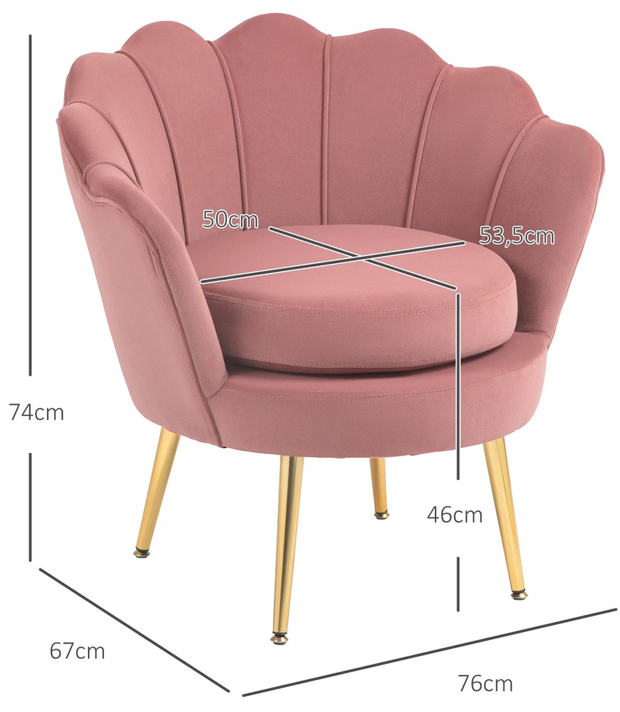 Poltrona de Sala Estofada em Veludo com Encosto em Forma de Concha e Pernas Douradas 76x67x74 cm Rosa