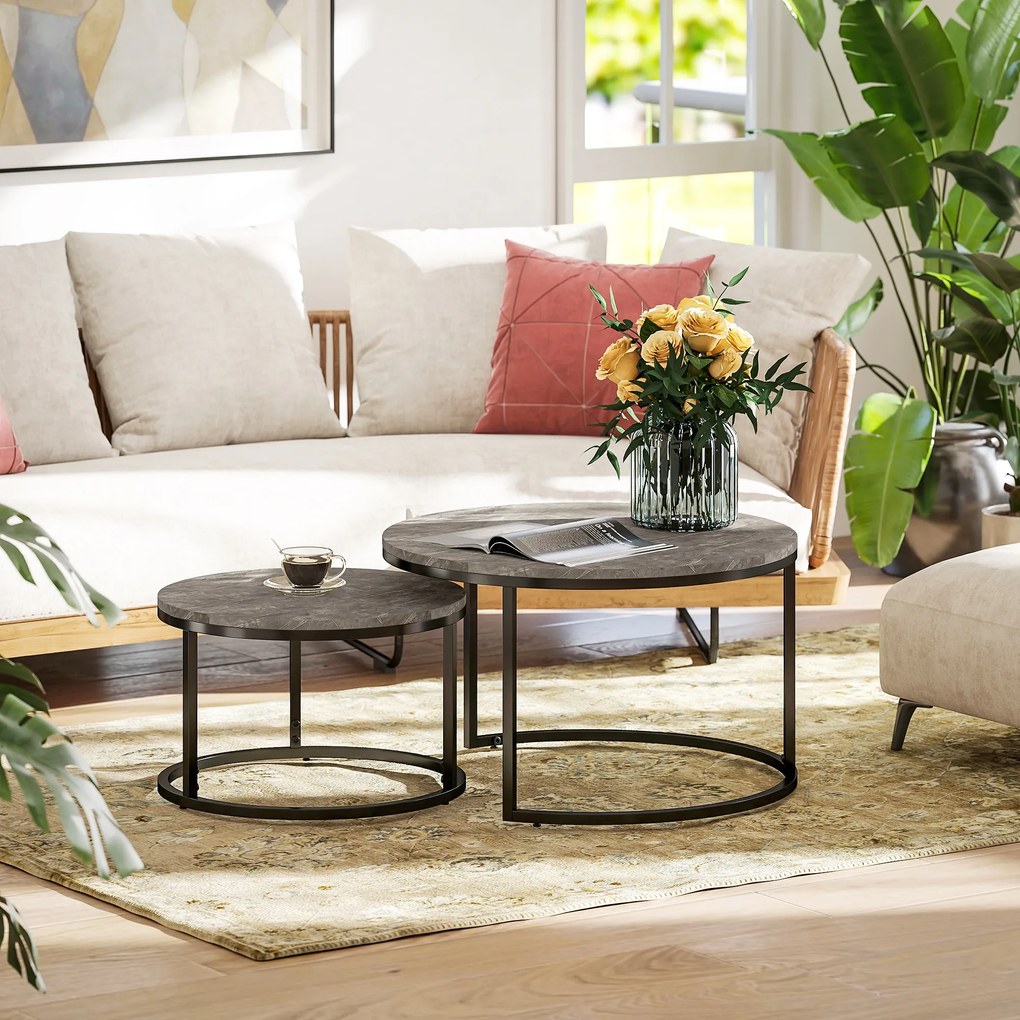 Conjunto de 2 mesas baixas centro encaixáveis e empilháveis, de design industrial, com tampo em imitação de cimento e pés em metal cinzentas e pretas