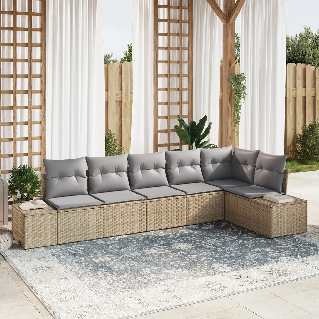 Conjunto de Sofá de Jardim com 6 Peças e Almofadas Bege Vime PE