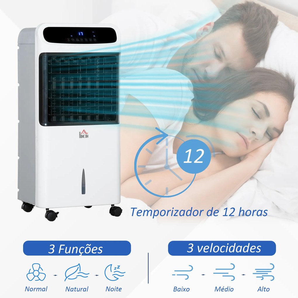 Climatizador Humidificador Refrigerador de Ar com Rodas Depósito de 12L Controlo Remoto 3 Modos de Velocidade Temporizador 12h e Ecrã LED Tátil 38x35x