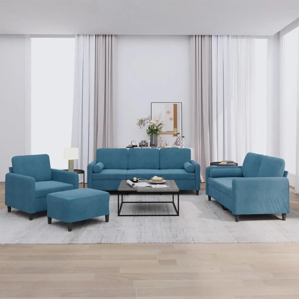 4 pcs conjunto de sofás com almofadas veludo azul