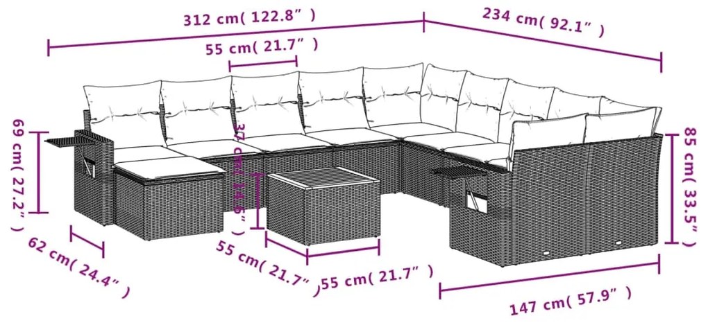 12 pcs conjunto de sofás de jardim c/ almofadões vime PE preto