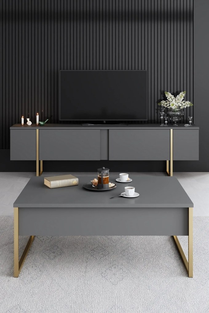 Conjunto de Mobiliário de Sala Luxe – Antracite e Dourado – Console 16