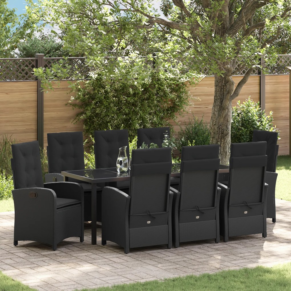 vidaXL Conjunto de Jantar para Jardim de 9 Peças com Almofadas Rattan Preto
