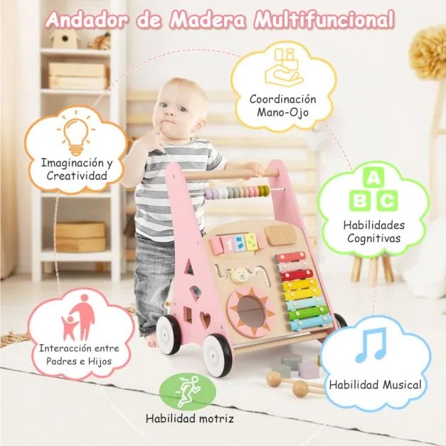 Andarilho de Bebé em Madeira Brinquedo Educativo de Atividade em Madeira com Rodas de Borracha Aprender a Andar para Bebés Rosa