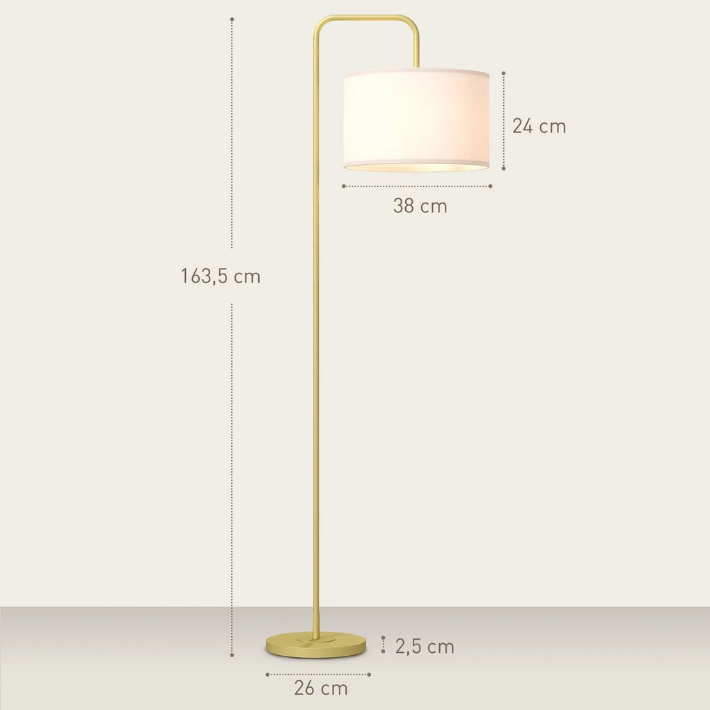Candeeiro de Pé Moderno Lâmpada E27 Máx. 40W com Ecrã de Linho e Interruptor de Pé 64x38x163,5 cm Branco e Dourado