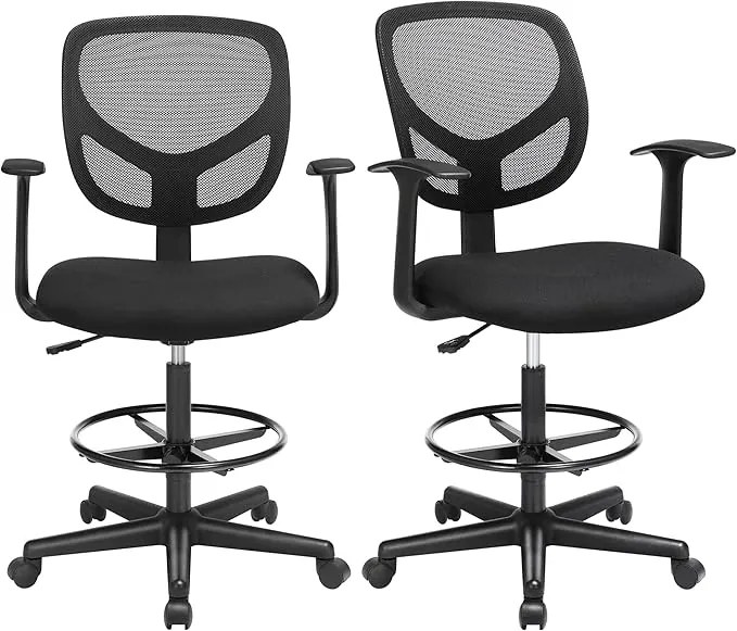 Conjunto de 2 Cadeira de escritório ergonómicas com braços, altura do assento 55-75 cm  giratória alta com anel para os pés ajustável, capacidade de c