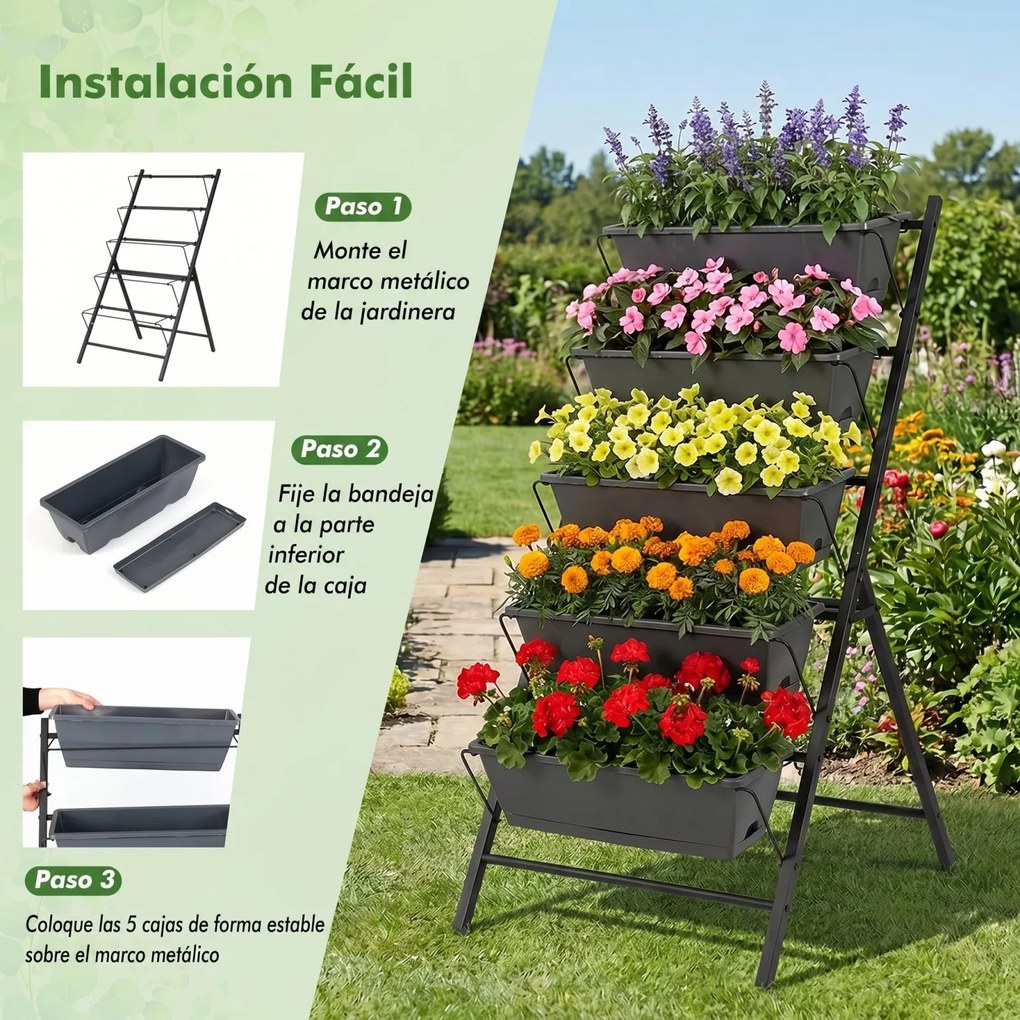 Floreira vertical de 5 níveis 57 x 71 x 115 cm com estrutura metálica, tabuleiros removíveis e orifícios de drenagem, para interior e exterior, Preta