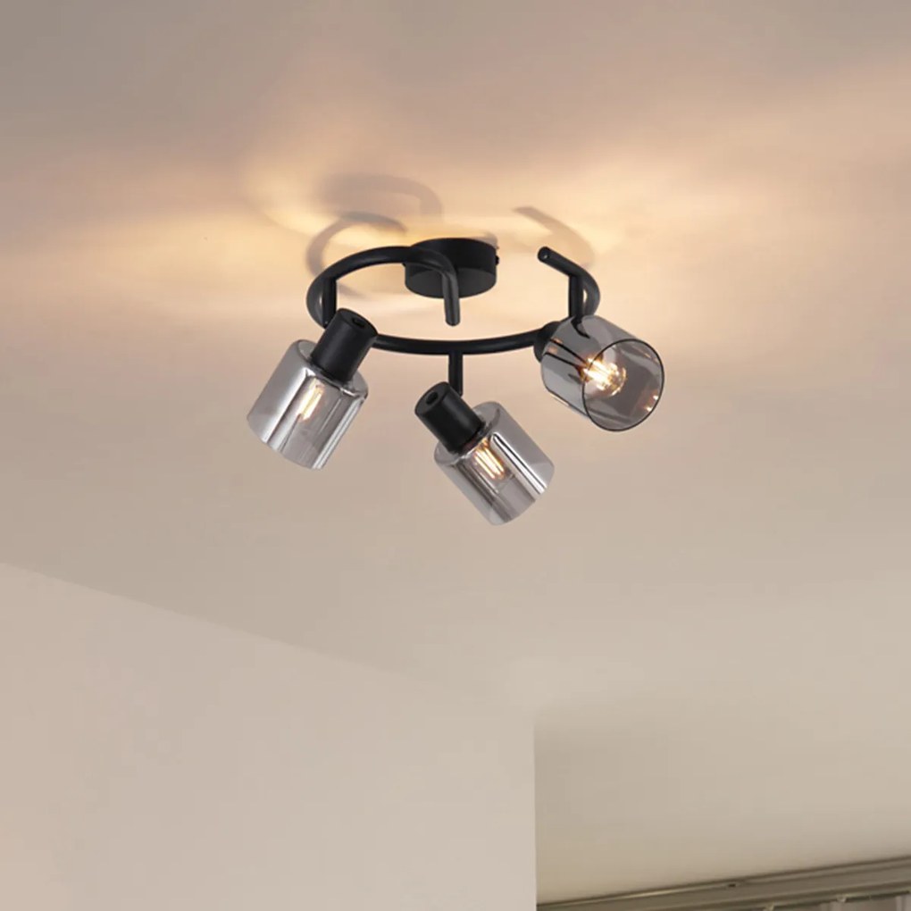 Candeeiro de Teto Moderno Preto com Vidro Fumê em Espiral 3 Luzes - Cilin