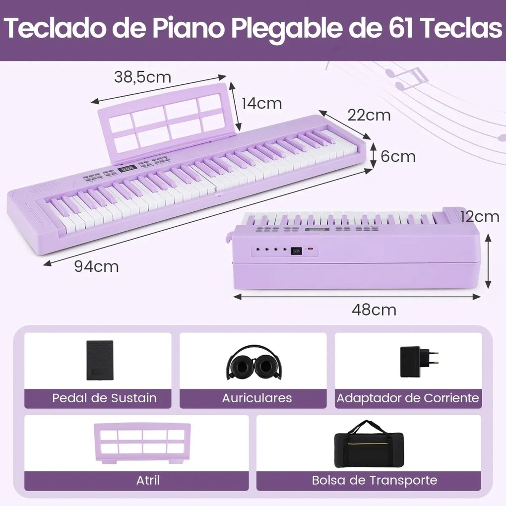 Teclado musical dobrável de 61 teclas, piano eletrónico com fones de ouvido e pedal portátil com bolsa para iniciantes Púrpura