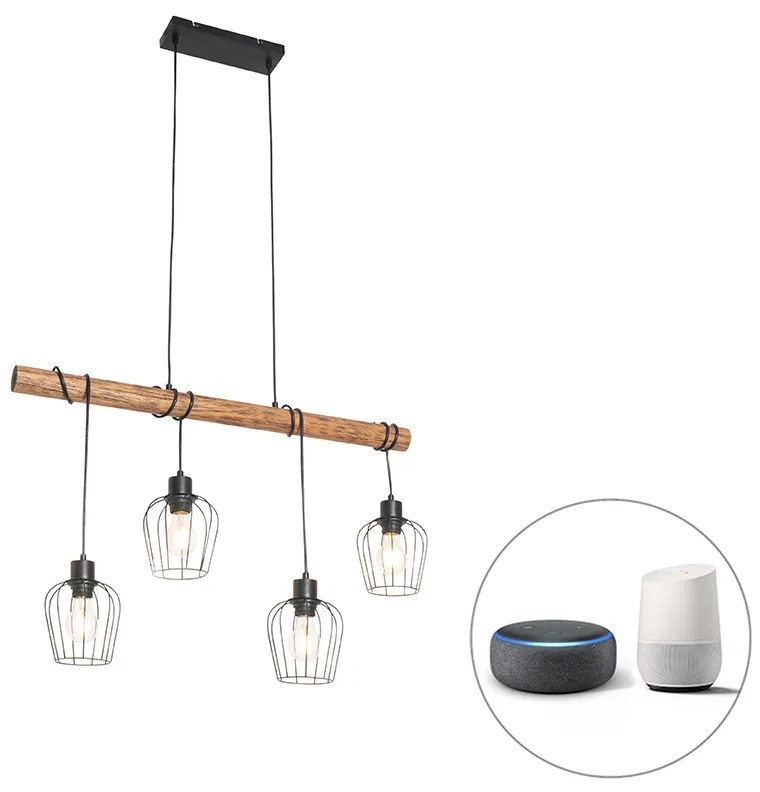 LED Candeeiro de suspensão inteligente preto com madeira incl. 4 Wifi A60 - Stronk Rústico