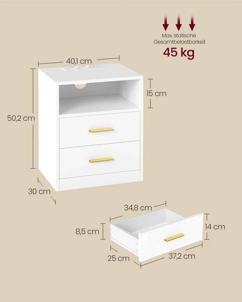 Conjunto 2 Mesas de cabeceira 35 x 40,1 x 50,2 cm com estação de carregamento e LED branco Coleção Custos Brancas