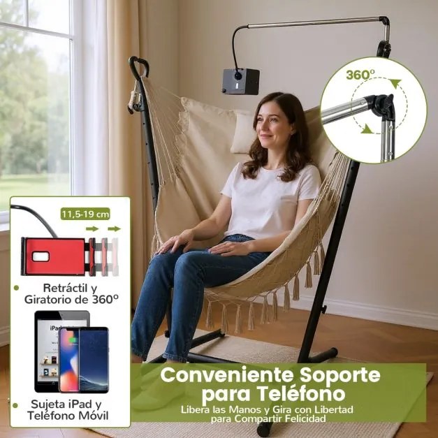 Cadeira de baloiço com suporte de altura ajustável de jardim exterior com estrutura, suporte para telemóvel, almofada e bolso lateral bege