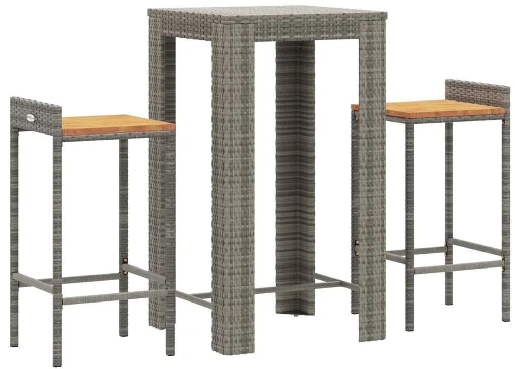 3 pcs conjunto de bar p/ jardim vime PE/acácia maciça cinzento