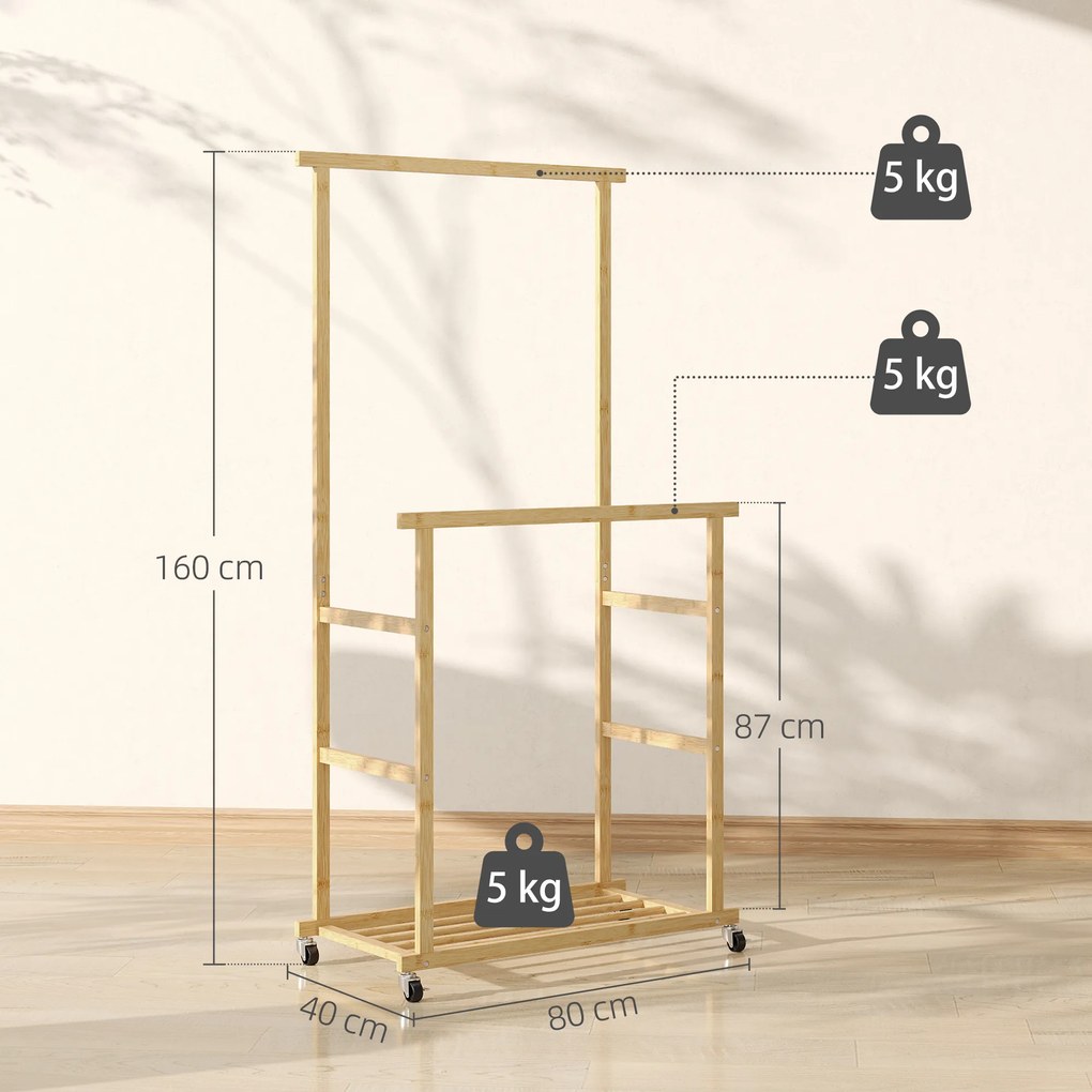 Charriot com Rodas de Bambu com Sapateira 2 Barras para Pendurar para Entrada Corredor Quarto 80x40x160 cm Madeira