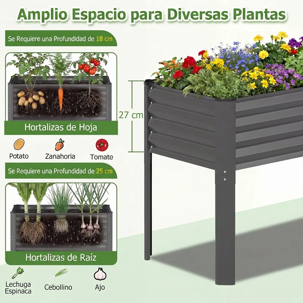 Floreira elevada de jardim 118 x 60 x 77,5 cm com Estrutura em metal galvanizado, pés elevados, sistema de drenagem e base alta para terraço ou pátio