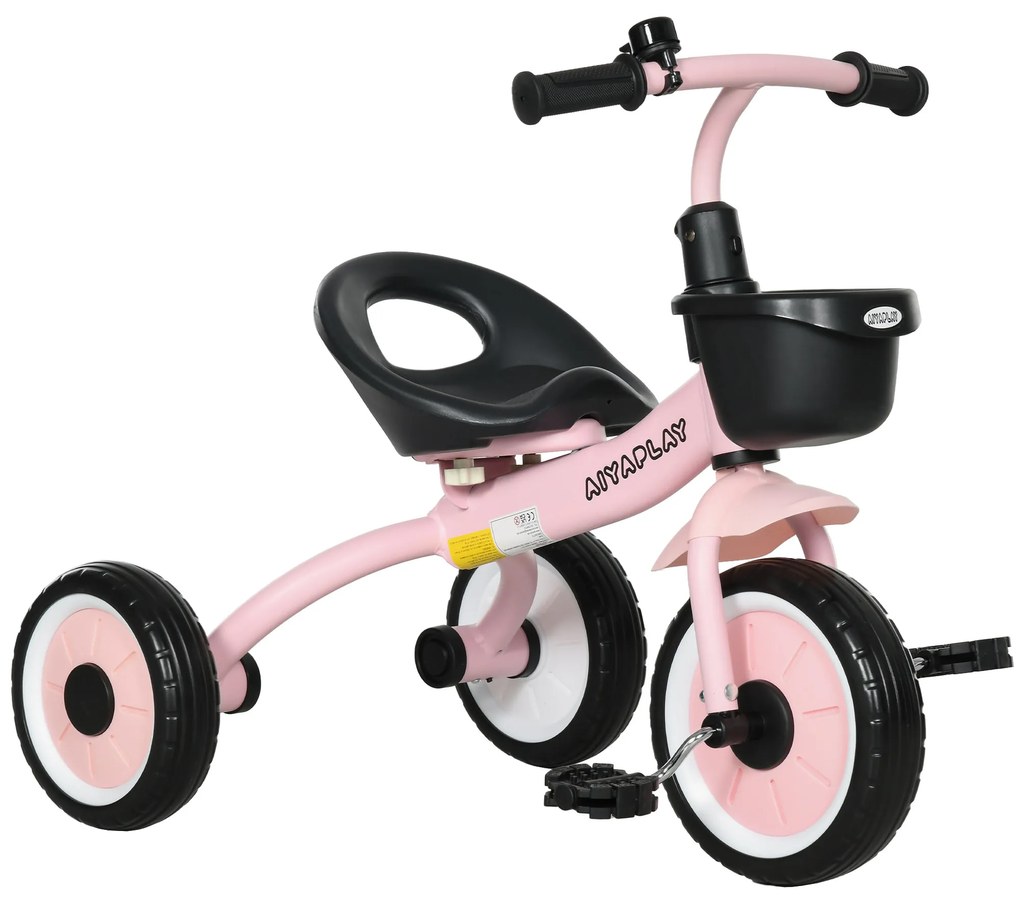 AIYAPLAY Triciclo para Crianças de 2 a 5 anos com Assento Ajustável Cesta Buzina e Pedais e 3 Rodas 70,5x53x58 cm Rosa | Aosom Portugal