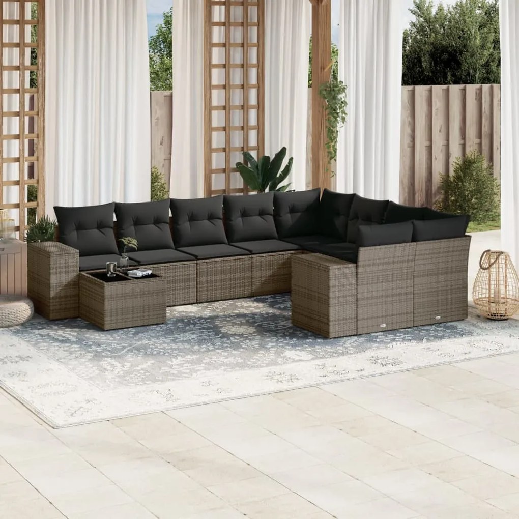 vidaXL 10 pcs conjunto sofás de jardim c/ almofadões vime PE cinzento
