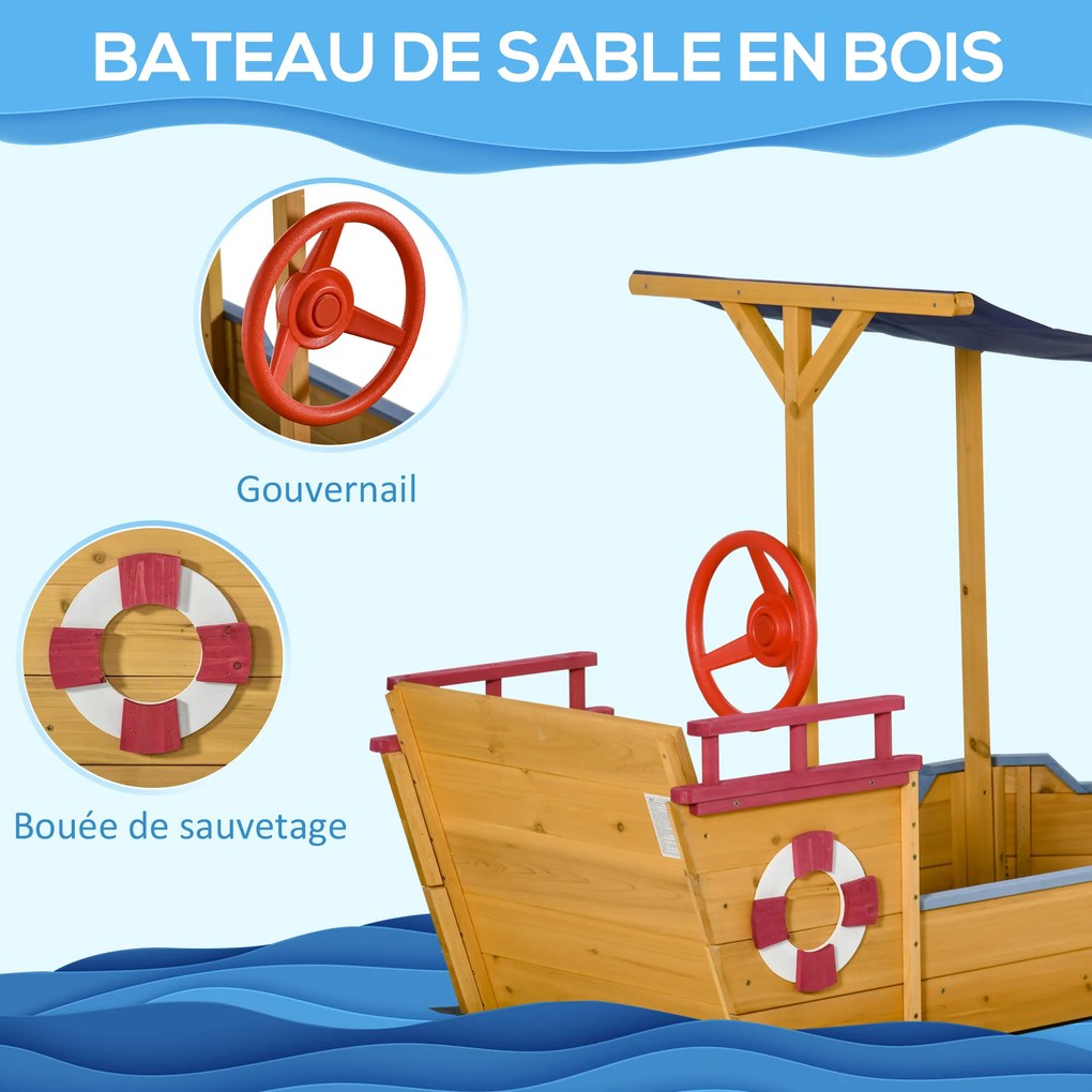 Caixa de areia em forma de barco pirata em madeira - Tela de sombra, baú de arrumação, leme - Madeira de abeto pré-oleada 160x70x103 cm