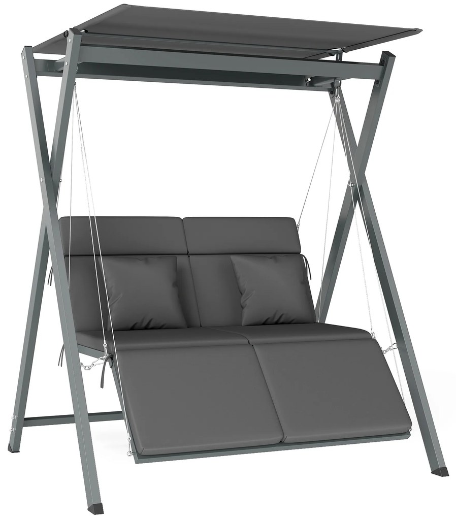 Outsunny Baloiço de Jardim de 2 Lugares Convertível em Cama com Toldo Ajustável Proteção UV30+ e Almofadas 142x130x168 cm Cinzento Escur | Aosom Portugal