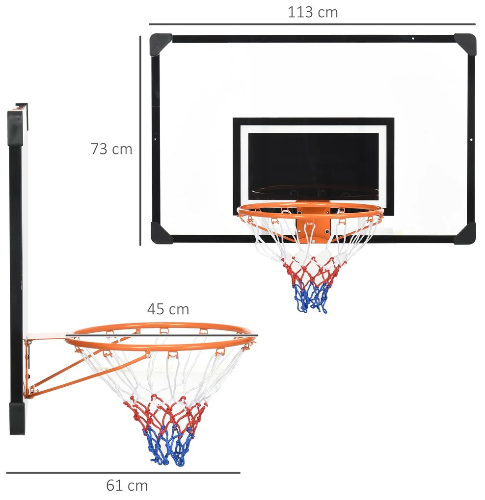 Tabela de Basquetebol de Parede com Quadro e Estrutura de Aço para Utilização em Interiores e Exteriores 113x61x73 cm Preto