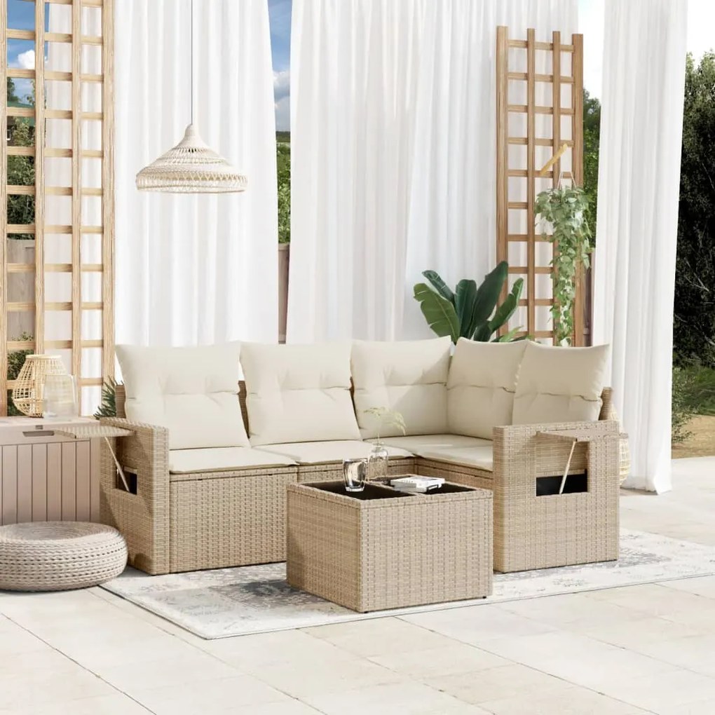 vidaXL 5 pcs conjunto de sofás p/ jardim com almofadões vime PE bege