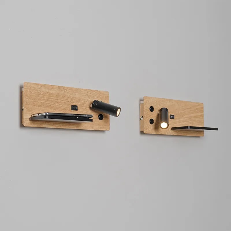 Conjunto de 2 Apliques de Parede Preto com Madeira incl. LED com USB e Carregador por Indução - Riza