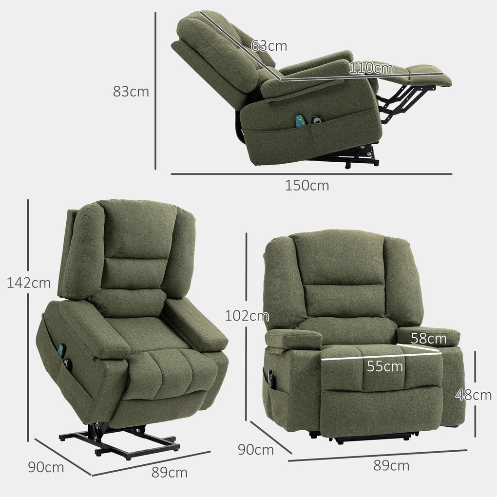 Poltrona elevatória elétrica com função de relaxamento, massagem e aquecimento, inclinação ajustável, apoio para os pés, comandos remotos, verde