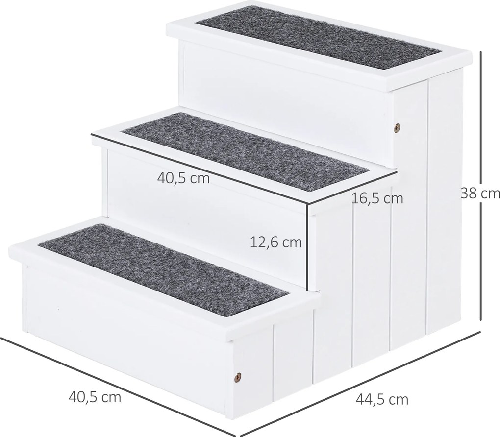 Escada para Animais de Estimação de 3 Degraus com Armazenamento e Tapete Antiderrapante 40,5x44,5x38 cm Branco