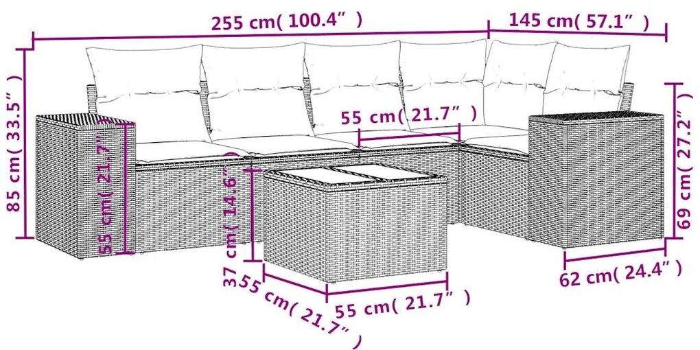 6 pcs conjunto de sofás p/ jardim com almofadões vime PE bege