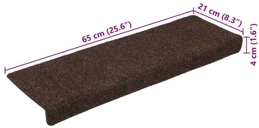 Tapetes de escada 15 pcs 65x21x4 cm tecido agulhado castanho